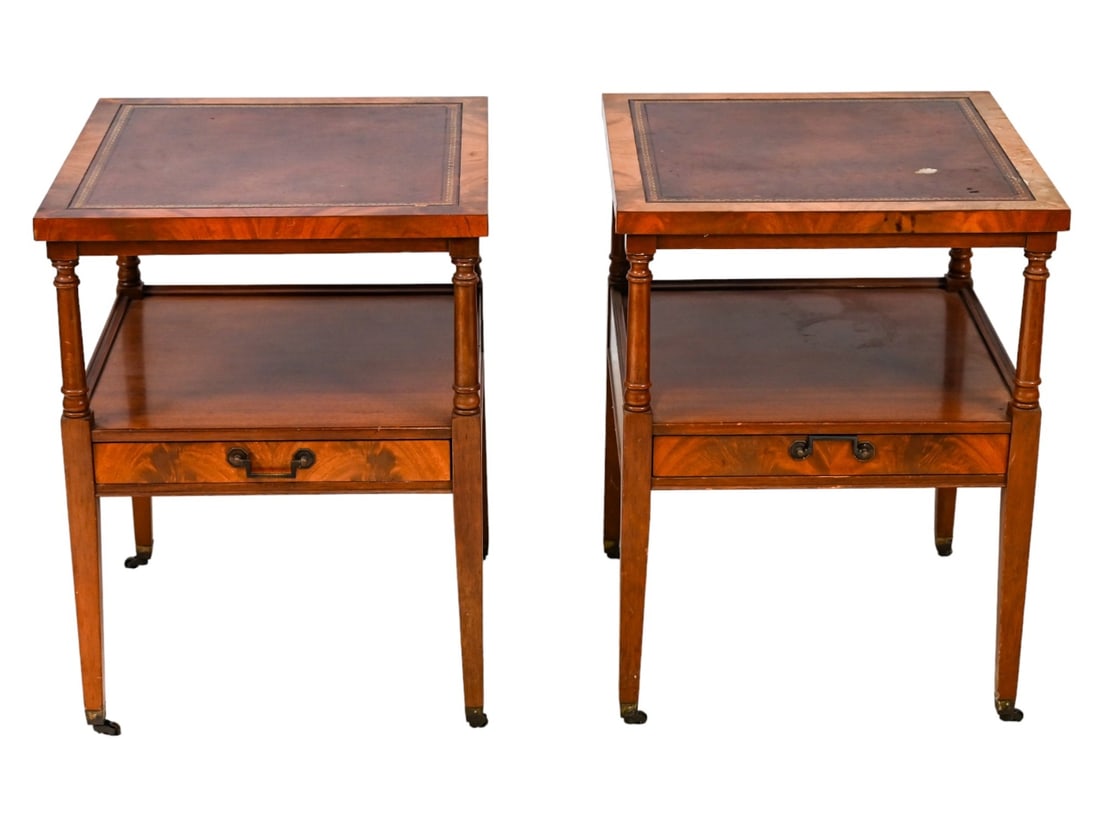 Pair English Carved Mahogany Leather Top Tables (1 of 11)