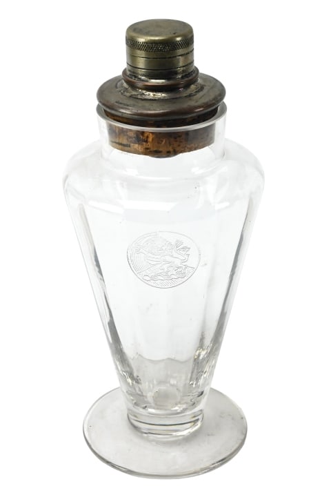 Antique Art Deco Cocktail Shaker Lion Coat of Arms: Antique Art Deco Cocktail Shaker with Lion Coat of Arms on Body. 10 inches x 5 inches in diameter.