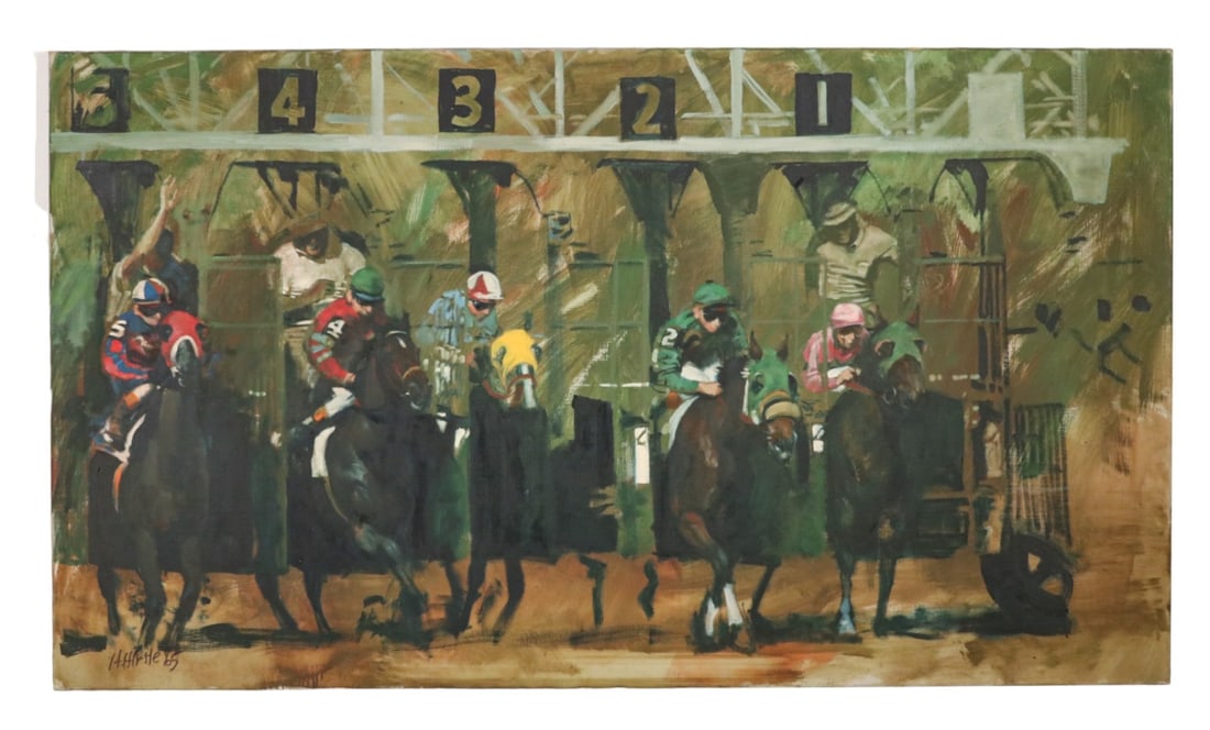 Hugh Hirtle Signed Mural Oil Painting Horse Race (1 of 11)