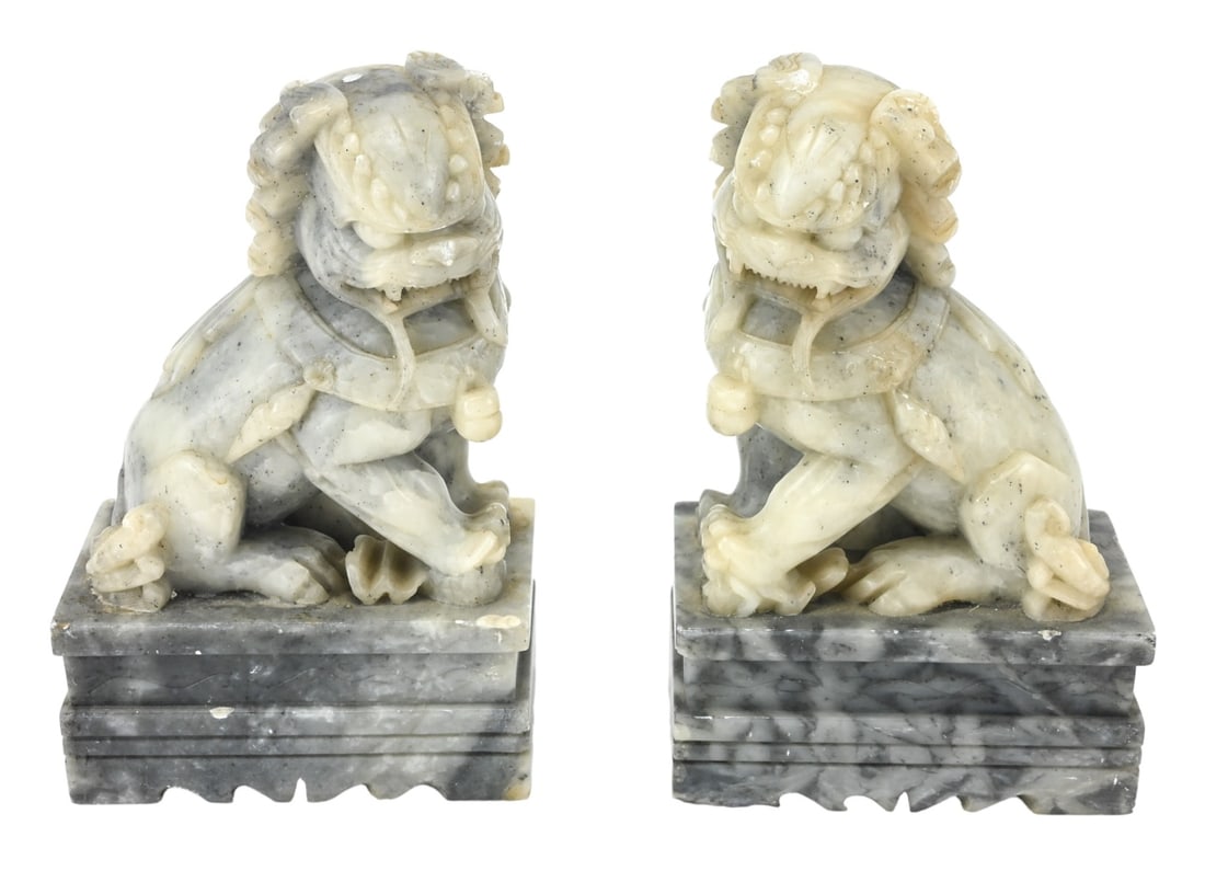Pair Chinese Carved Soapstone Foo Dog Statue (1 of 14)