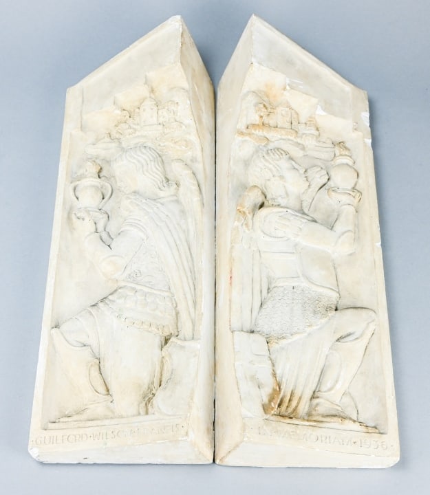 Pair Antique Plaster Renaissance Style Plinths: Pair Antique Plaster Renaissance Style Memorial Plinths Dated 1936. 21 inches x 6 inches x 4 inches.