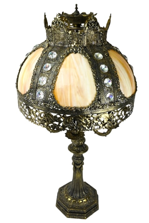 Mid C Brass Filigree & Slag Glass Jeweled Lamp (1 of 20)