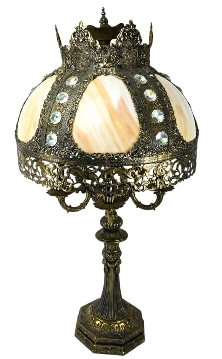 Mid C Brass Filigree & Slag Glass Jeweled Lamp (1 of 20)