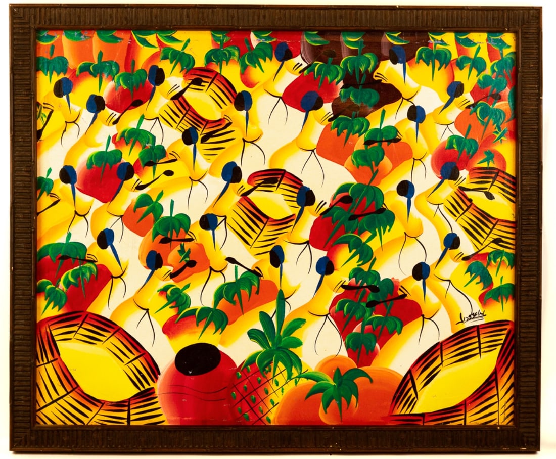 Signed Haitian Oil Canvas Painting Of Market Scene: Signed Haitian Oil On Canvas Painting Of Market Scene. Signed "Josselin" near bottom right corner. Painting measures 19.25 inches x 23.35 inches. Frame measures 22 inches x 26 inches.