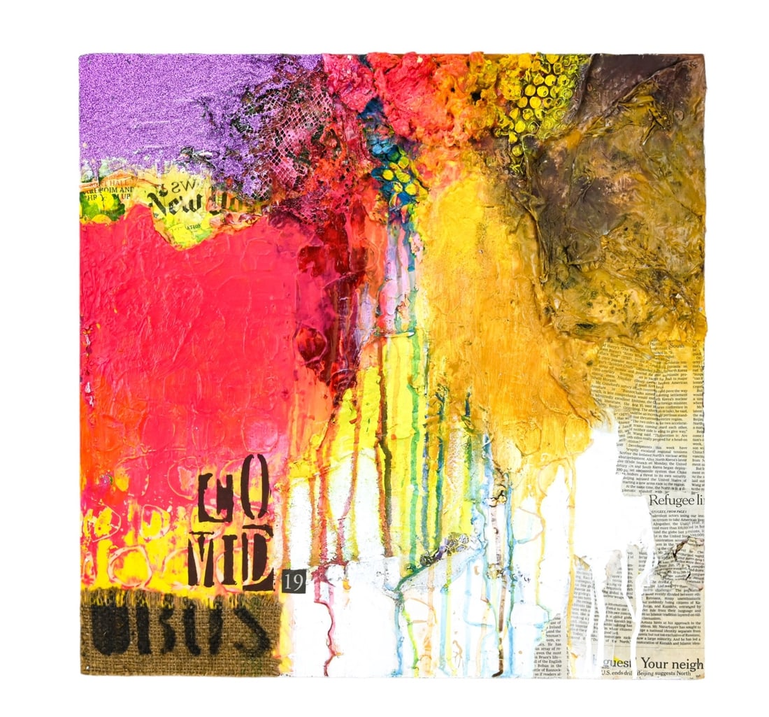 Franco Crocco Covid One 20 Acrylic Collage on Wood: Franco Crocco Covid One 20 Acrylic Collage on Wood.Measures 19.5 inches x 19 inches.