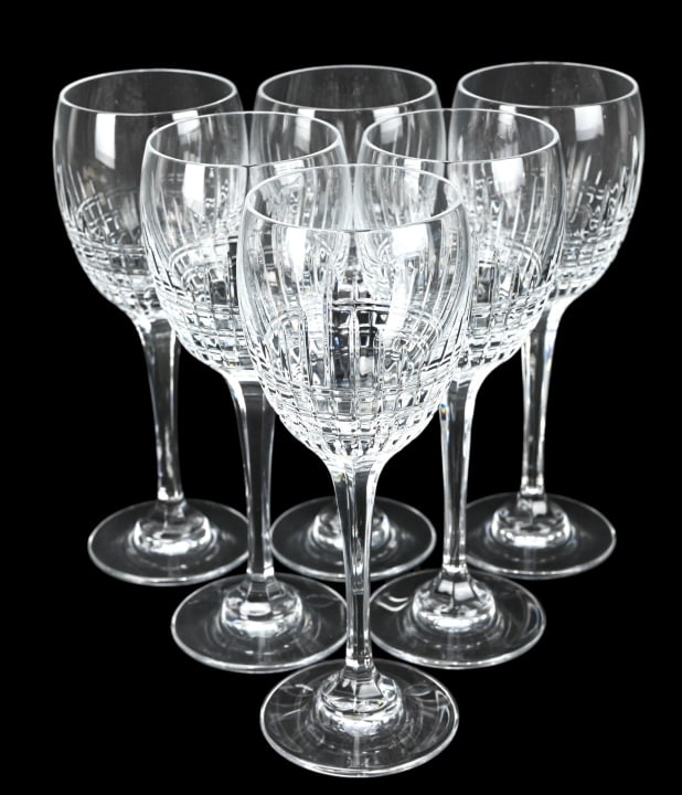 6 Faberge Crystal Crown Stem Wine Glasses in Box: 6 Faberge Cut Crystal Crown Stem Wine Glasses in Original Box. Glass measures 8 inches x 3 inches in diameter.