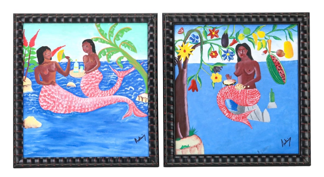 2 Signed Haitian Folk Art Paintings Mermaids (1 of 12)