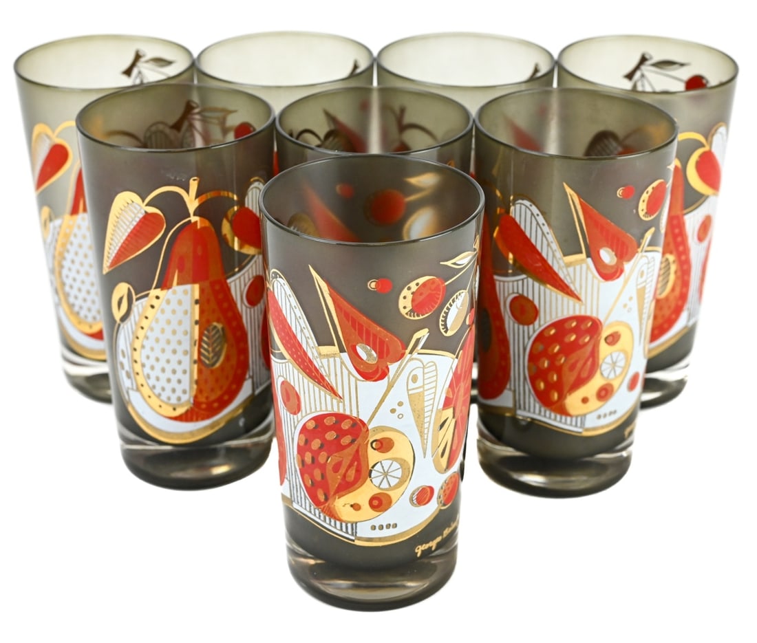 8 George Briard Mid Century Tall Glasses: 8 George Briard Mid Century Tall Gold and Orange Glasses. 5.5 inches x 3 inches in diameter.