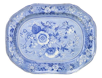 Antique Ironstone Blue & White Porcelain Platter: Antique Ironstone Blue & White Transfer Ware Porcelain Platter. Marked Late Spode. Measures 18 inches x 14 inches.