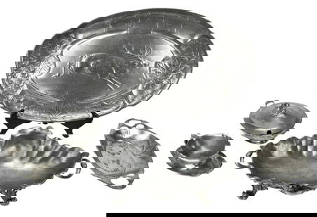 Collection Antique Kayserzinn Germany Pewter: Collection Antique Kayserzinn Germany Serving Pieces with Reposse Designs. Serving dish measure 16 inches x 22 inches. Some minor dents and bends. Most pieces are hallmarked.