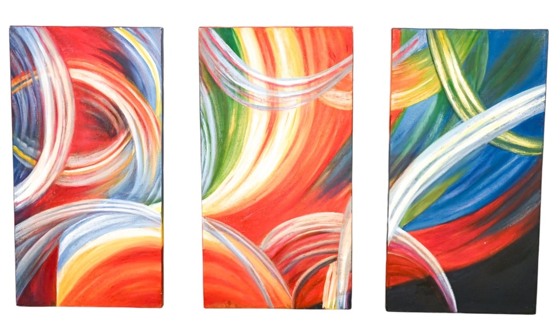 Signed Abstract Triptych Oil Painting on Canvas (1 of 9)