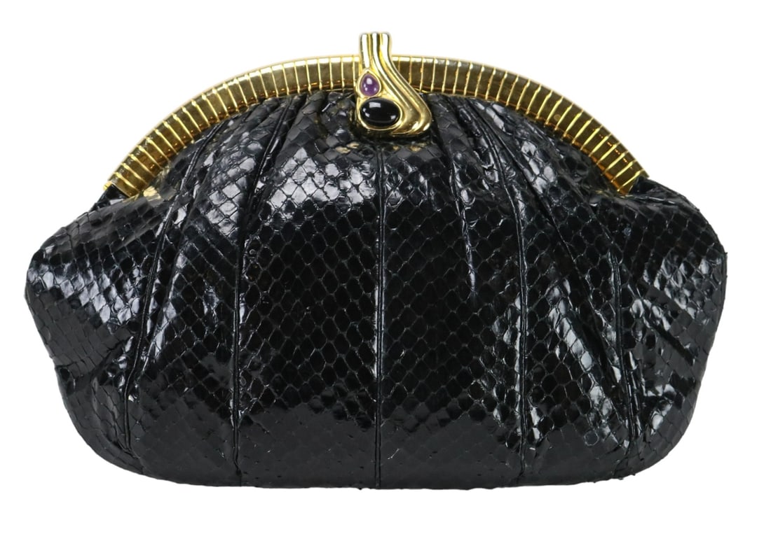 Judith Lieber N.Y.  Black Snakeskin Gold Frame Bag (1 of 10)