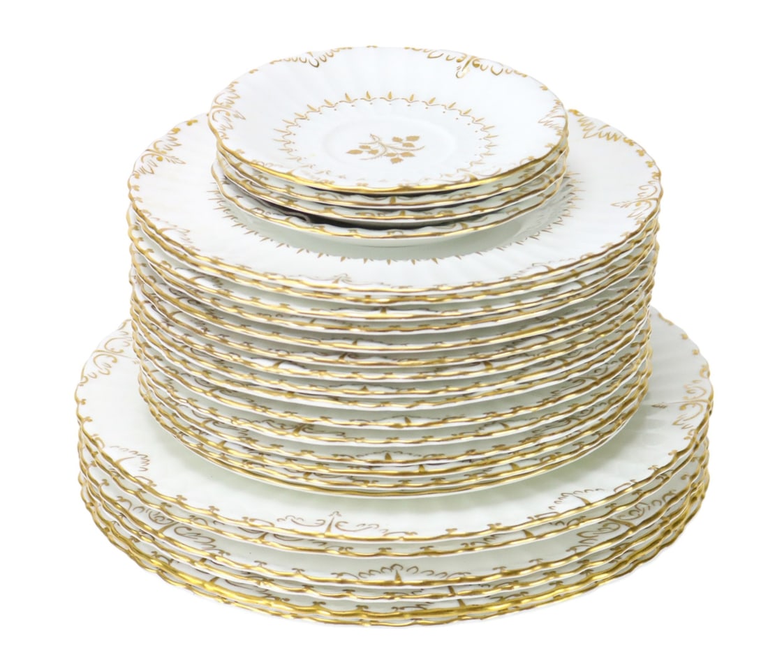 Antique Royal Crown Derby Porcelain Plates: Antique Royal Crown Derby Porcelain Plates in White with Gold Trim. Includes 6 dinner plates, 15 lunch plates, 4 saucers. Dinner plate measures 11 inches in diameter.