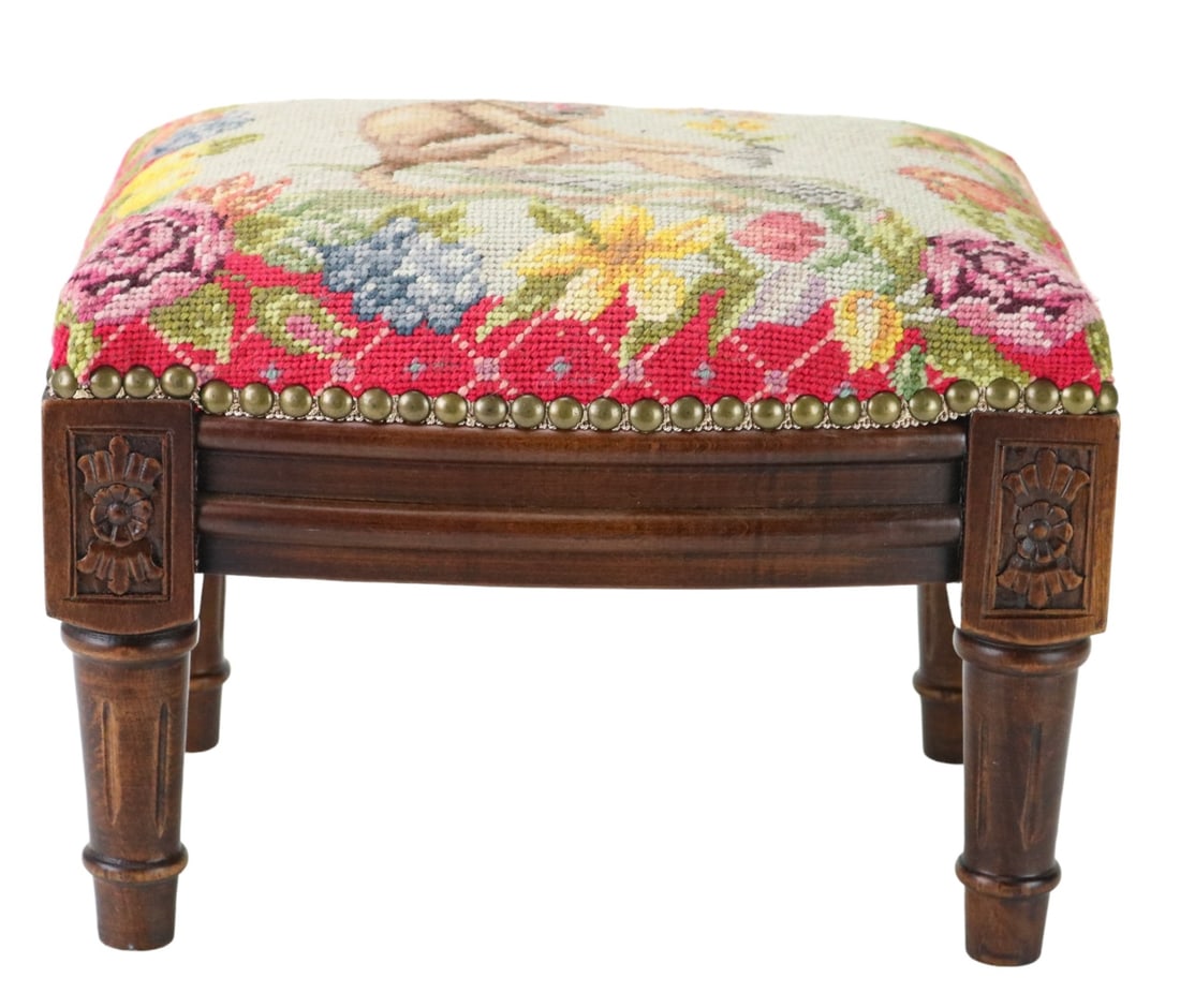 French Carved Stool Embroidered Monkey Upholstery (1 of 10)