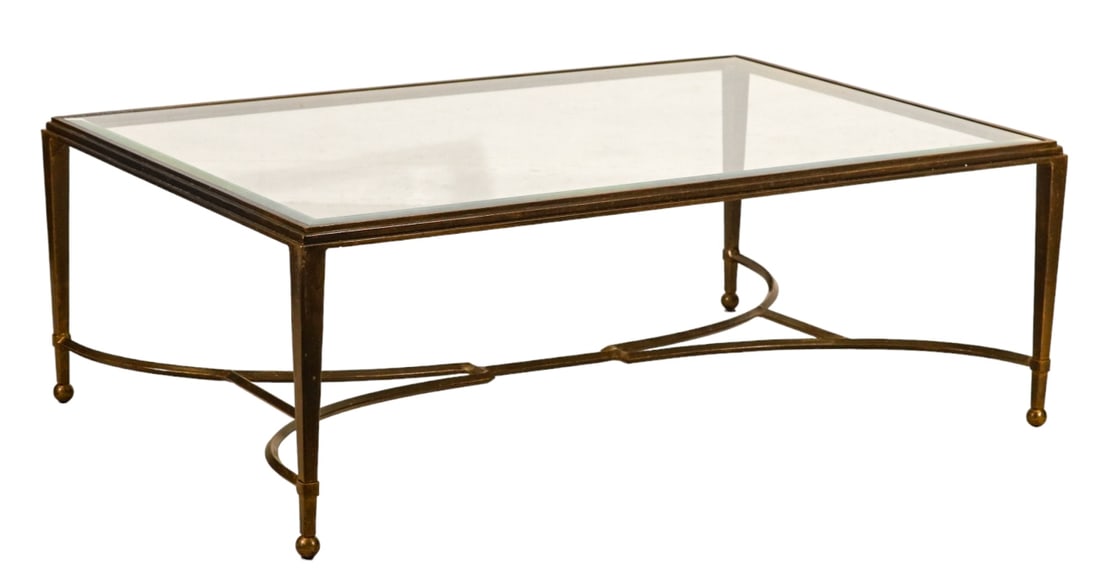 Sangiovese Rectangular Iron Glass Cocktail Table: Sangiovese Rectangular Italain Silhouette in Hand Forged Tubular Iron Beveled Glass Top Cocktail Table. Measures 20 inches x 54 inches x 36 inches.