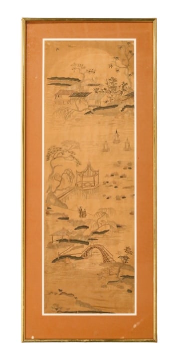 Antique Chinese Song Style Embroidery on Silk: Antique Chinese Song Style Embroidery on Silk. Measures 49 inches x 20 inches.