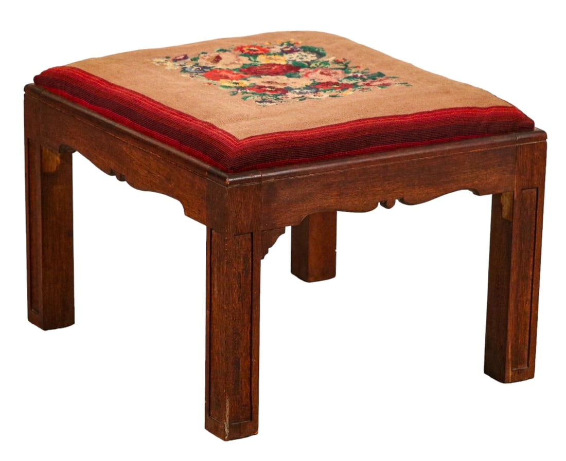 Antique Carved Embroidered Needlepoint  Ottoman (1 of 12)