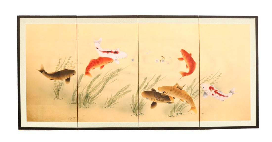 Chinese 4 Panel Airbrushed Screen Koi Fish on Gold (1 of 12)