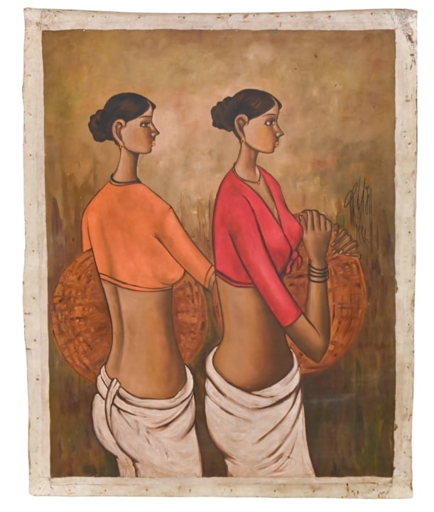 B. Prabha Untitled Women with Baskets Oil Painting: B. Prabha Untitled Women with Baskets Oil on Canvas Painting circa 1998.Measures 46 inches x 36 inches.Acquired directly from from the artist by the present owner.