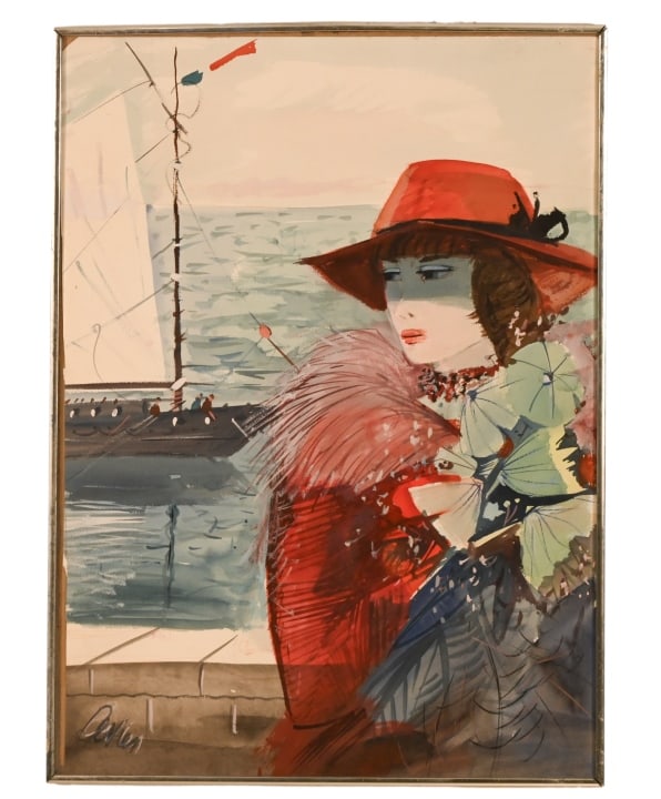 Charles Levier Signed Watercolor Woman by the Sea: Charles Levier, French American 1920-2003, Signed Mid Century Watercolor Painting on Paper of Woman by the Sea. Consigned by Charles Levier estate. Framed Under Glass and measures 30 inches x 22 inche