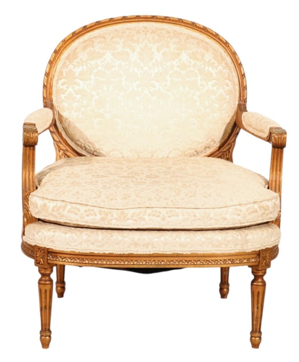 French Louis XV Style Carved Upholstered Fauteuil: French Louis XV Style Hand Carved Custom Upholstered Fauteuil.Measures 38 inches x 26 inches x 22 inches, seat height 16 inches.