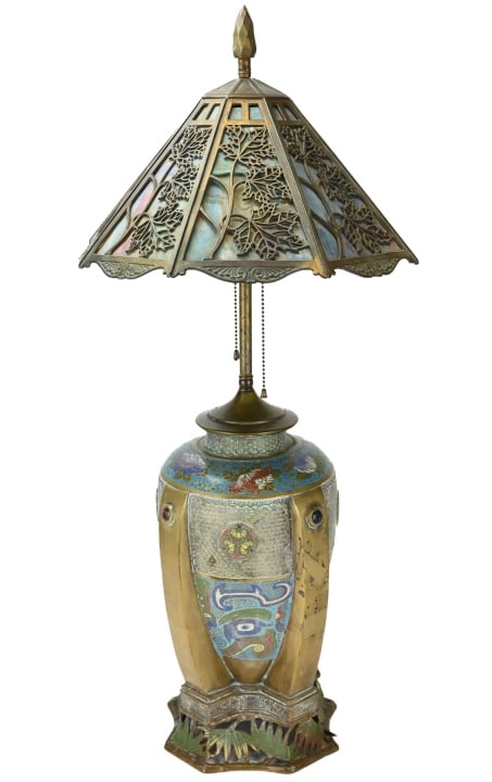 Antique Art Nouveau Champleve Lamp w Slag Shade (1 of 19)
