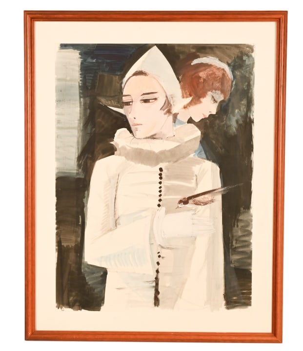 Charles Levier Signed Watercolor Harlequin & Woman: Charles Levier, French American 1920-2003, Signed Mid Century Watercolor Painting on Paper of Woman and Harlequin. Consigned by Charles Levier estate. Framed under glass measures 37 inches x 29 inches