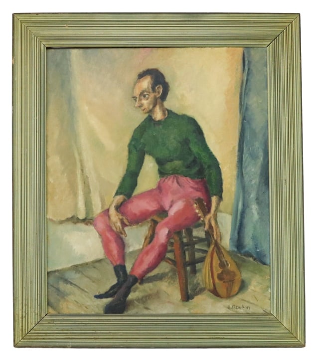 J. Newton Signed Framed Oil Painting Man w Lute (1 of 9)