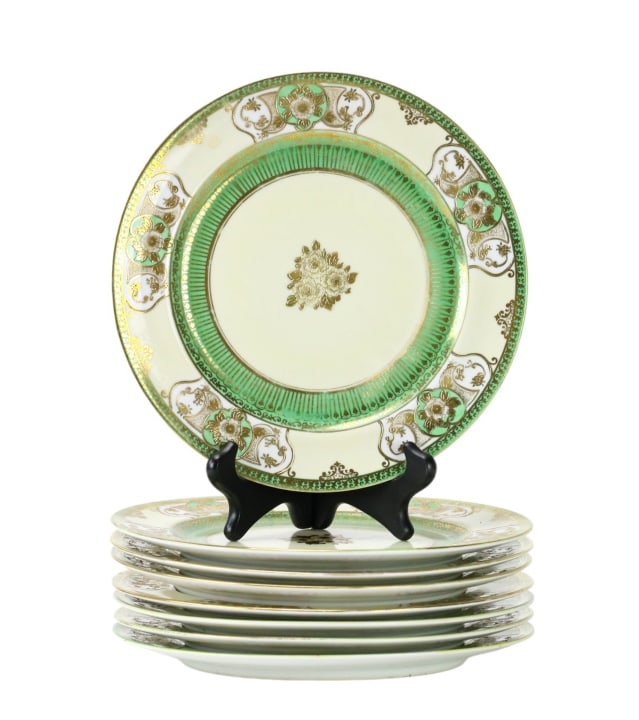 8 Antique Green Floral Gold Trim Dinner Plates (1 of 9)