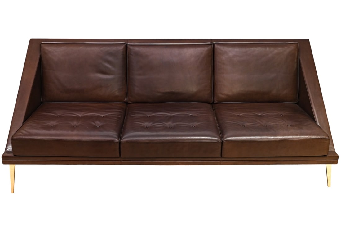 MCM Charles Ramos Leather Sofa w Gilt Metal Legs: Mid Century Modern Charles Ramos Brown Leather Sofa with Gilt Metal Tapered Legs.Minor Wear and Damage Shown in PhotosMeasures 34 inches x 83.5 inches x 30 inches.