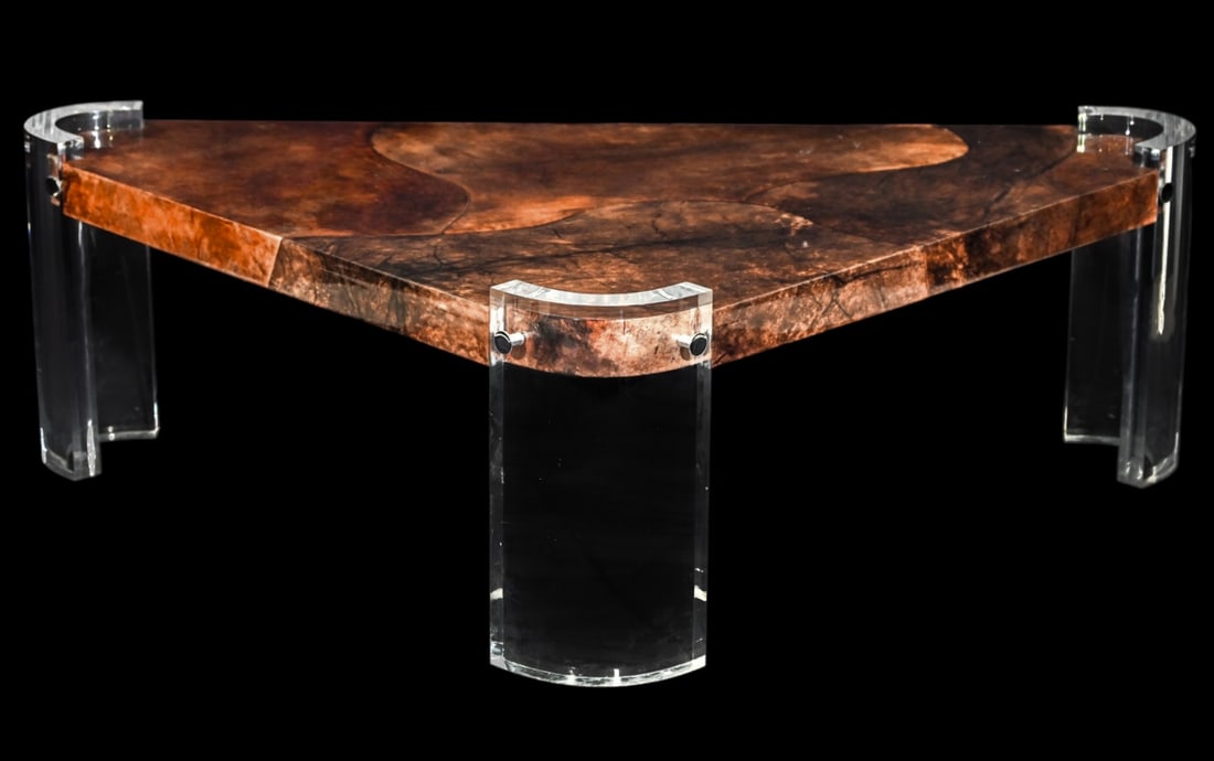 Ron Seff Lucite and Goatskin Coffee Table: Ron Seff Lucite and Goatskin Coffee Table.Measures 17 inches x 56 inches x 32 inches.
