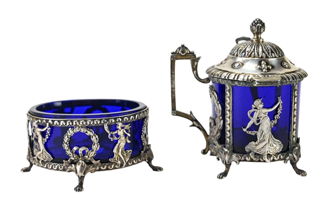 Dutch Silver Salt and Mustard Pot w Cobalt Inserts (1 of 12)