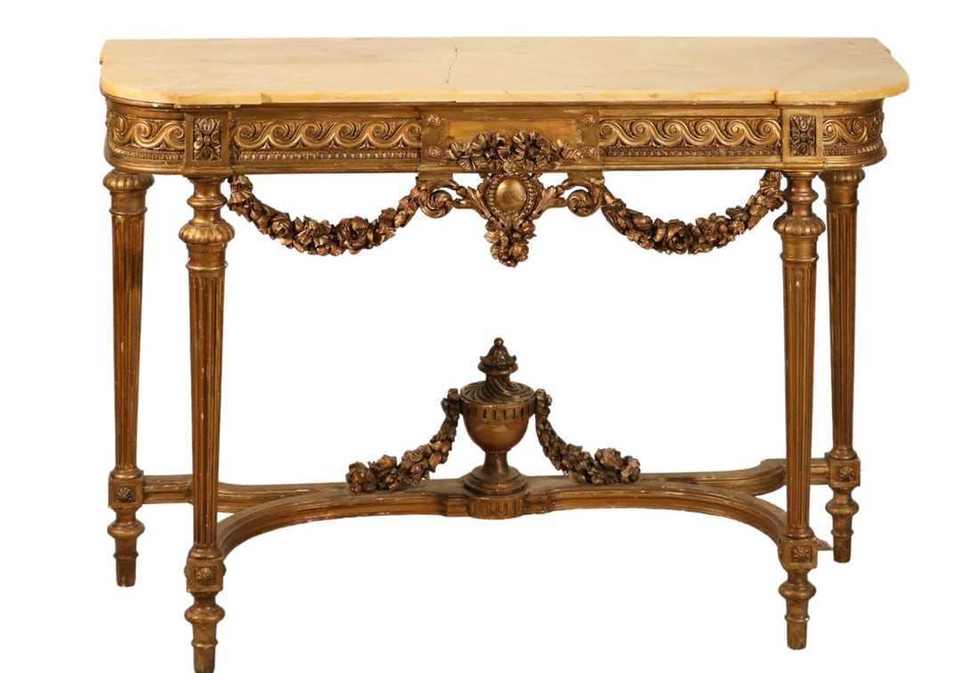 Louis XVI Style Carved Gilt Marble Top Console (1 of 20)