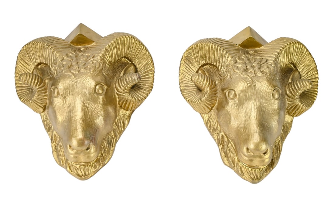 Pair Gilt Plaster Ram Heads Wall Brackets w Shelf (1 of 14)