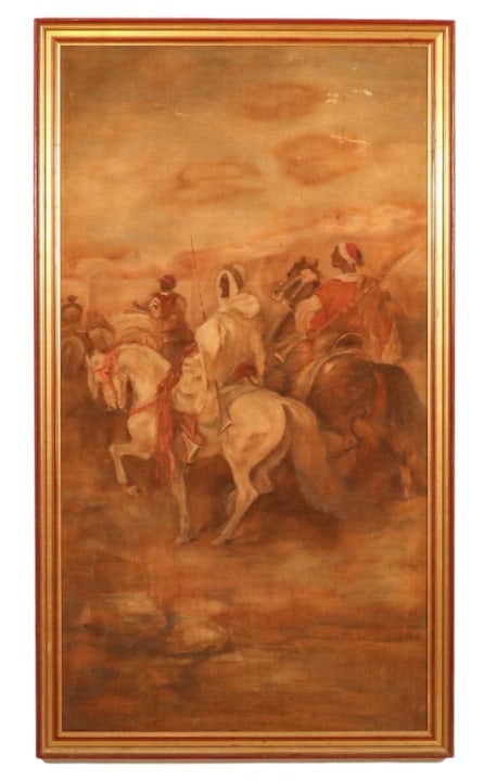 Antique Orientalist Painting on Fabric Men Desert (1 of 11)