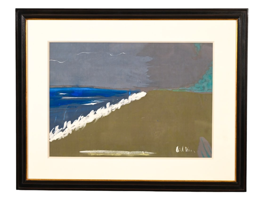 Lord Van Signed Acrylic on Fabric of Shoreline: Lord Van, Barbados, Signed Acrylic on Fabric of Shoreline, Framed. Measures 23 inches x 28 inches.