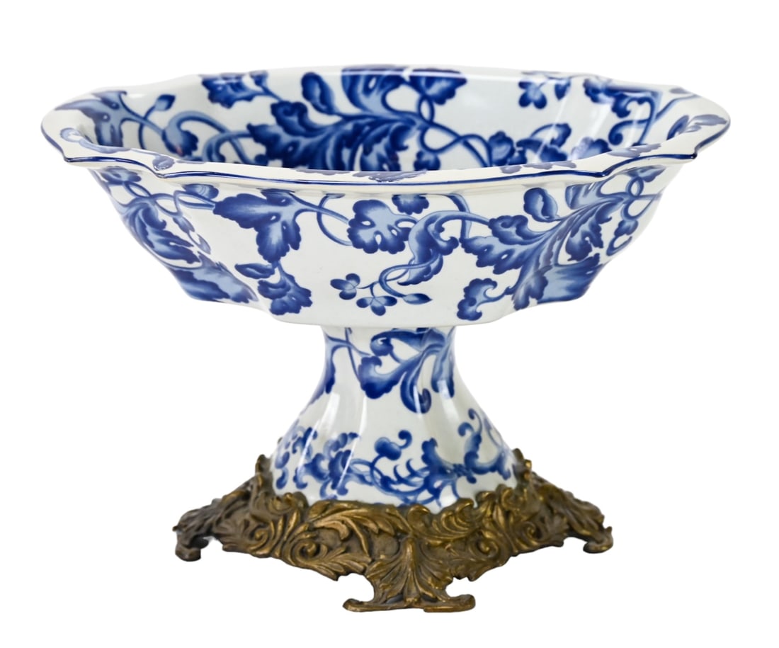 Vintage Blue and White Footed Centerpiece Bowl: Vintage Blue and White Hand Painted Footed Centerpiece Bowl.Measures 8 inches x 12 inches x 8 inches.