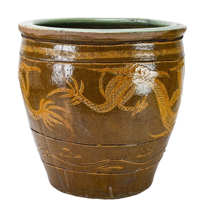 Tony Duquette Style Dragon Motif Large Egg Pot: Tony Duquette Style Asian Brown Dragon Motif Large Egg Pot. Measures 20 inches x 20 inches in diameter.