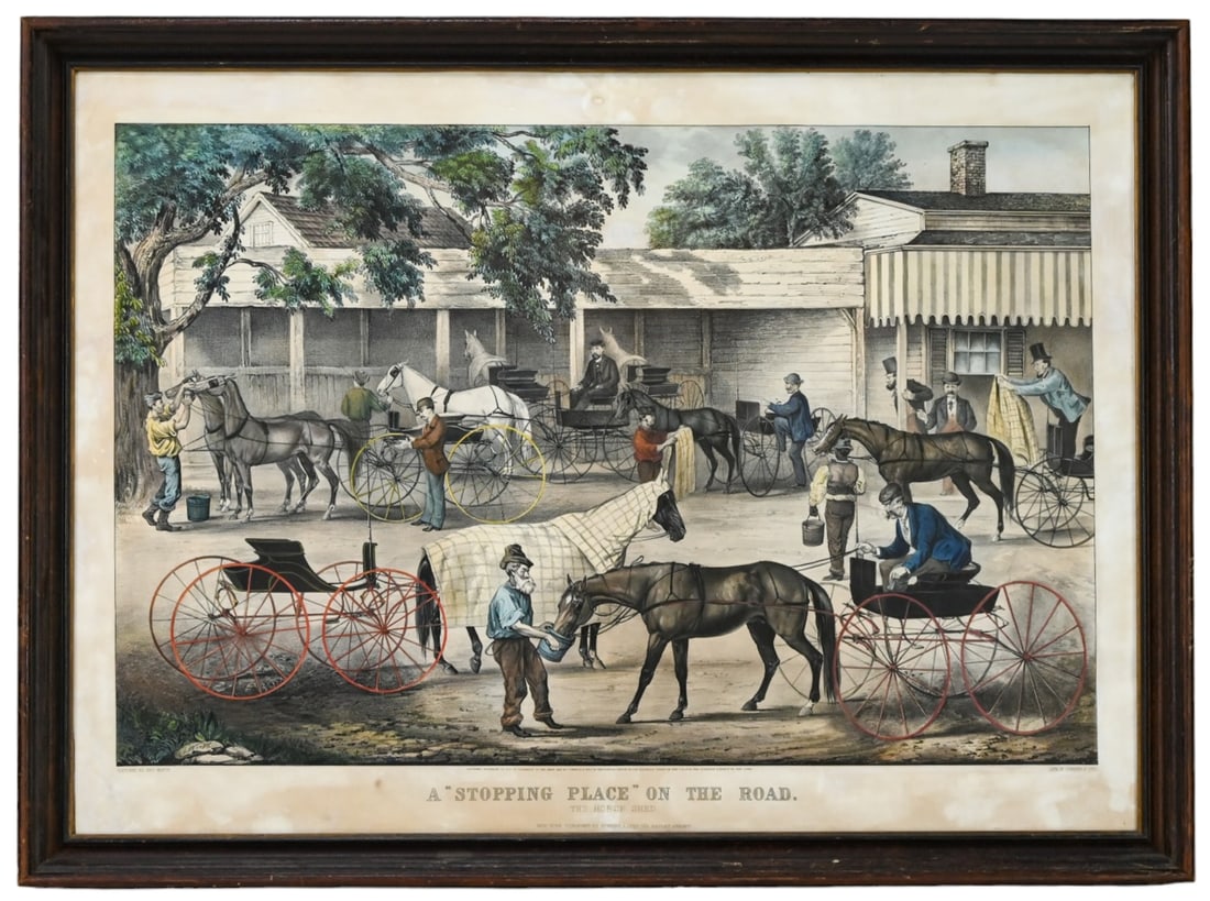 Antique Currier & Ives Engraving A Stopping Place: Antique Currier & Ives Engraving A Stopping Place on the Road, The Horse Shed in East Lake Frame. Measures 25 inches x 35 inches. There is some discoloration to white space surrounding the engraving.