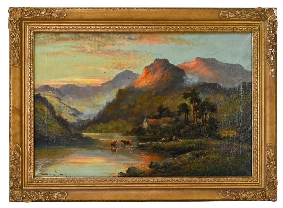 William Langley Signed Oil Painting of Highlands: William Langley, British 1852-1922, Signed Oil on Canvas of Highland Landscape. Evidence of craquelure and one small repair to canvas. Retains Christie's auction sticker on reverse. Framed measures 21