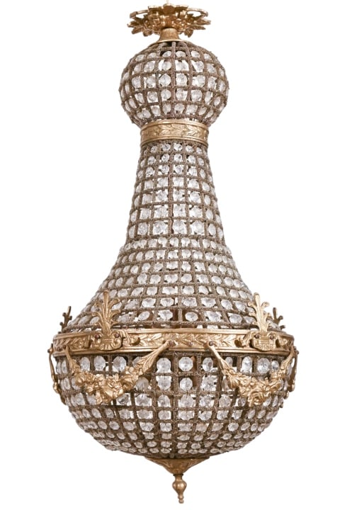 Vintage Empire Style Brass and Crystal Chandelier: Vinatge Empire Style Brass and Crystal Chandelier.6 lights on the insideMeasures 34 inches x 16 inches diameter.