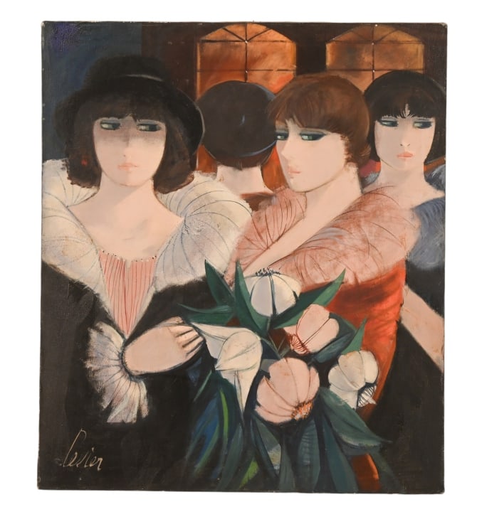 Charles Levier Signed Oil Painting 4 Women Bouquet (1 of 12)