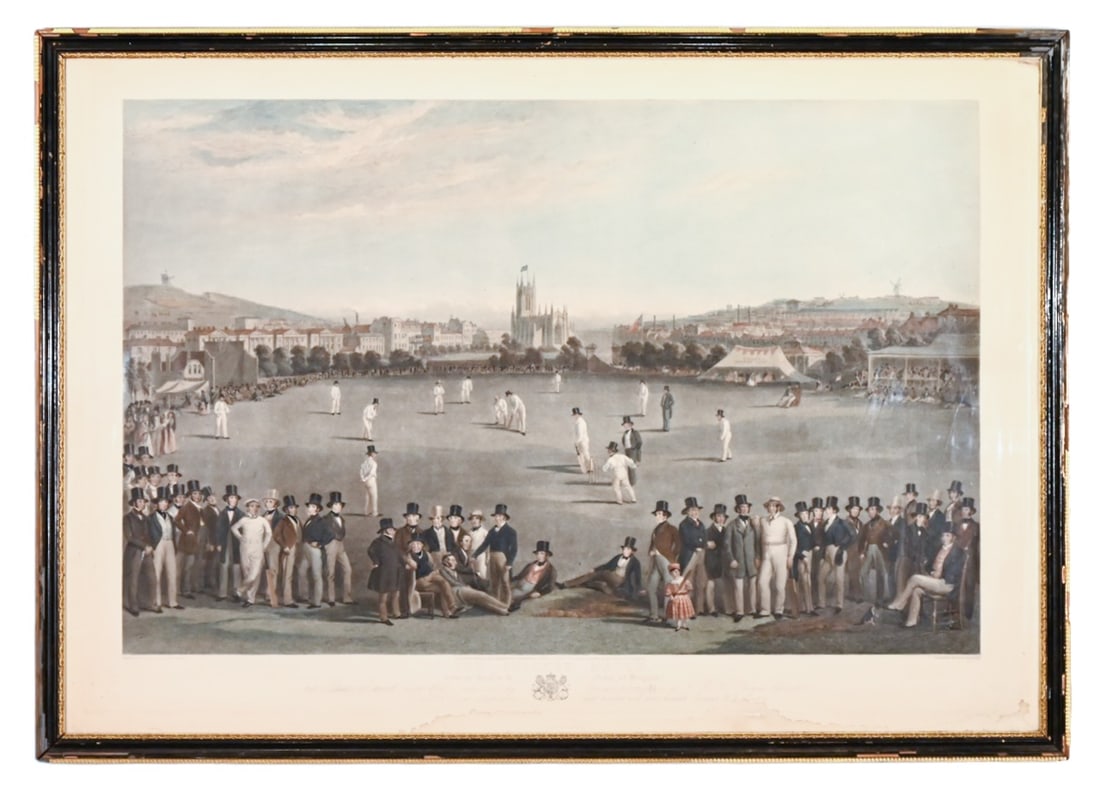 Antique Drummond & Basebe Engraving Cricket Match: Antique Drummond & Basebe & Phillips Hand Colored Engraving Titled The Cricket Match. Framed measures 31 inches x 43 inches. There is evidence of water damage along bottom edge of print.