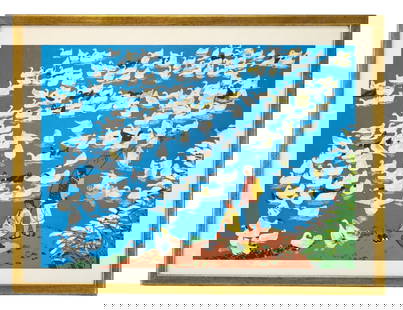 Li Chen-hua Japanese Woodblock Brigade Ducks: Li Chen-hua, Huhsien 20th Century, Signed Japanese Woodblock Titled Brigade Ducks. Framed measures 21 inches x 28 inches, art measures 17 inches x 23 inches.