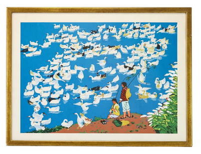 Li Chen-hua Japanese Woodblock Brigade Ducks: Li Chen-hua, Huhsien 20th Century, Signed Japanese Woodblock Titled Brigade Ducks. Framed measures 21 inches x 28 inches, art measures 17 inches x 23 inches.