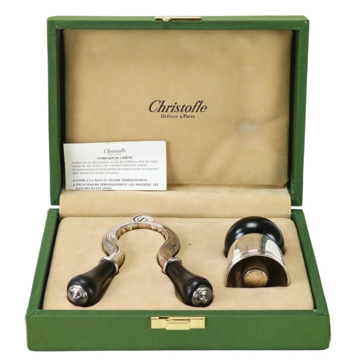 Christofle Silver Plate & Ebony Wine Opener Set: Christofle Silver Plate & Ebony Wine Opener Set in Original Box. Measures 2 inches x 8 inches x 6 inches.