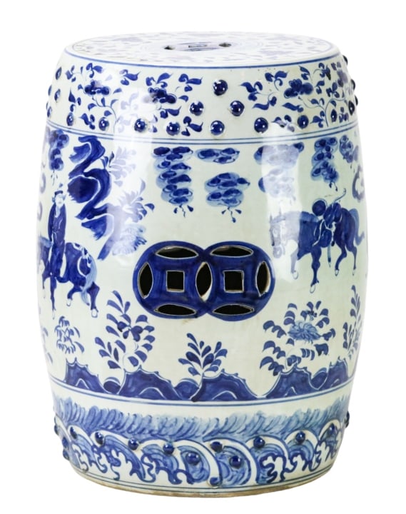 Vintage Chinese Blue and White Garden Stool: Vintage Chinese Blue and White Garden Stool.Measures 18 inches x 12 inches diameter.