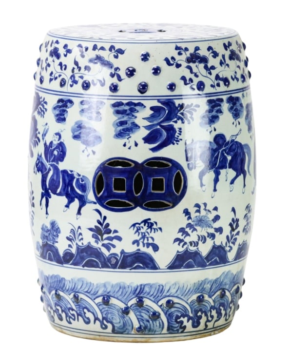 Vintage Chinese Blue and White Garden Stool: Vintage Chinese Blue and White Garden Stool.Measures 18 inches x 12 inches diameter.
