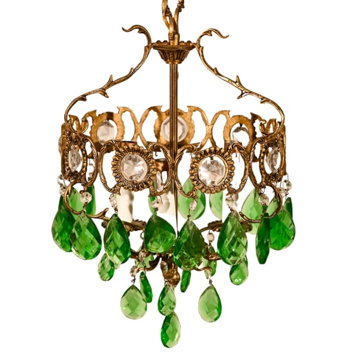 Antique Italian Bronze Chandelier w Green Crystal (1 of 10)