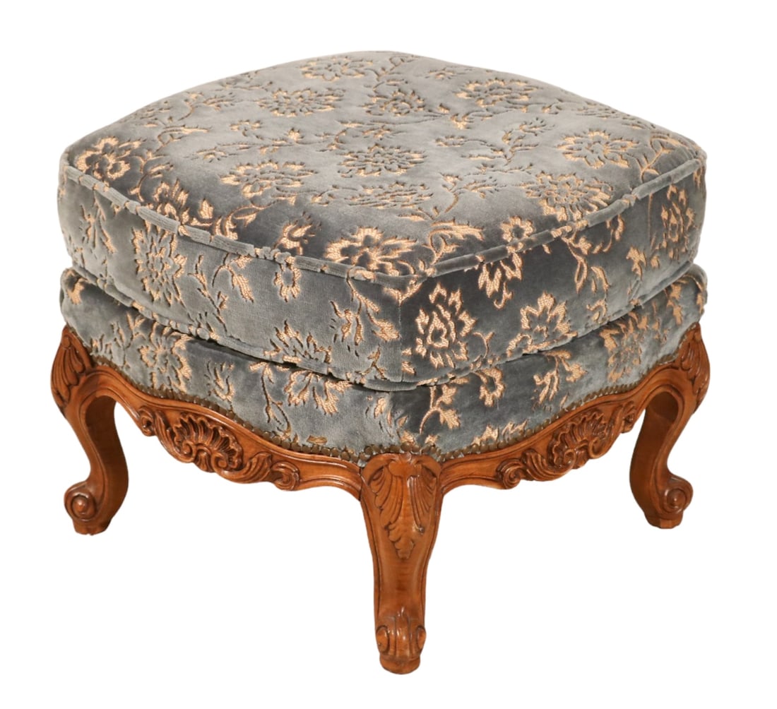 French Louis XV Carved Velvet Upholstered Ottoman: French Louis XV Hand Carved Velvet Upholstered Ottoman.Measures 18 inches x 22 inches x 22 inches.